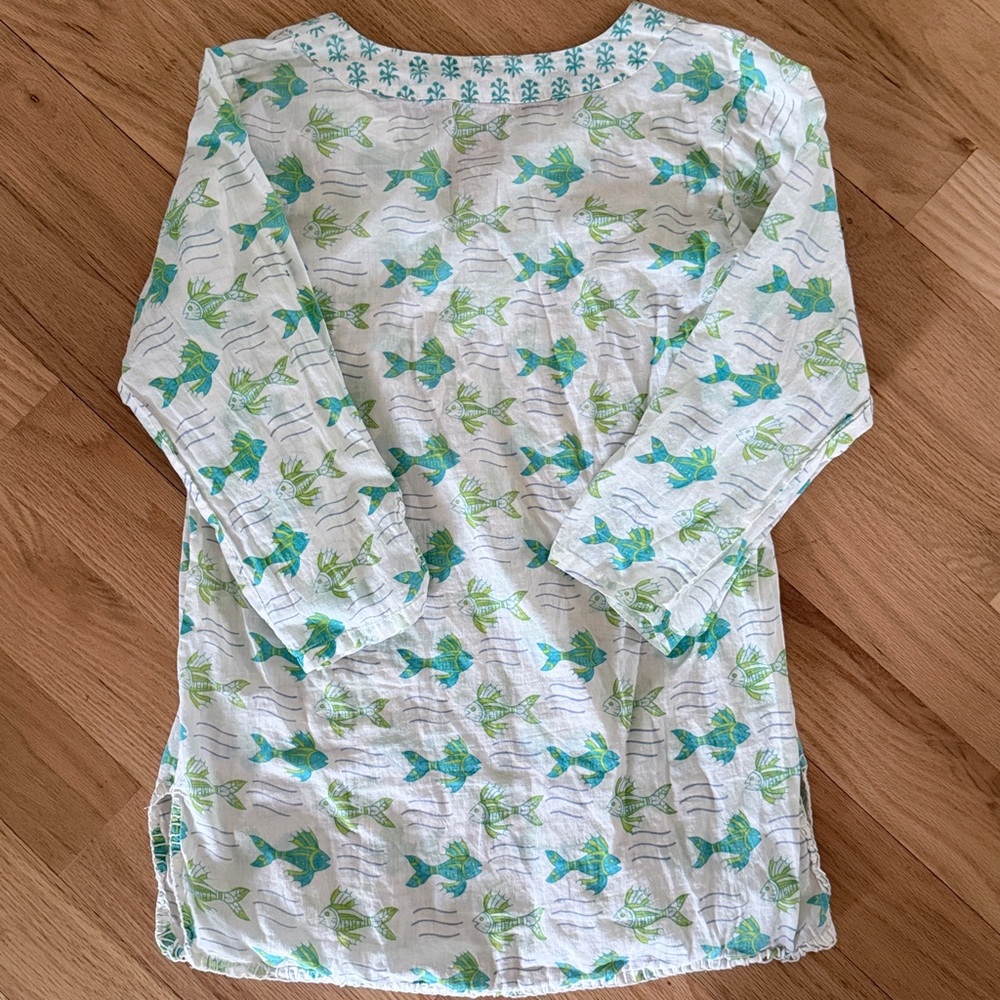 Rikshaw Design 100% cotton 3/4 sleeve block print green fish Women's sz Small - Picture 9 of 10